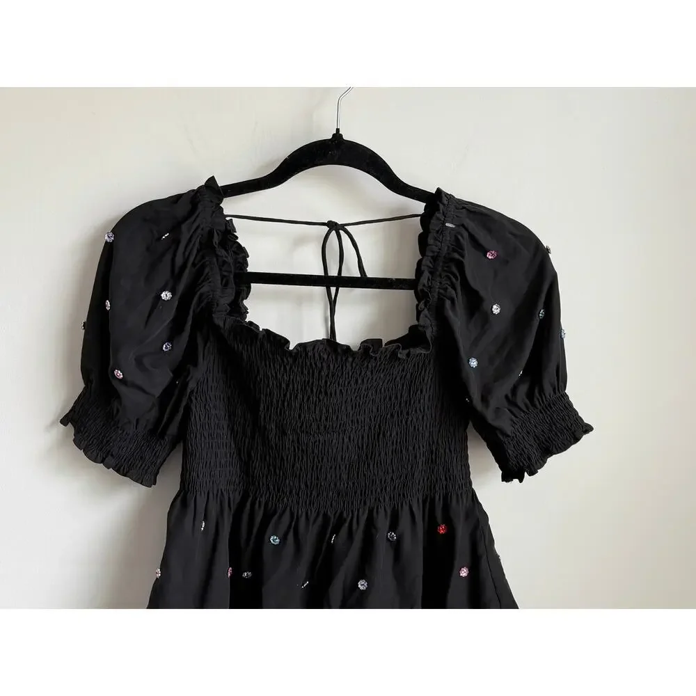 Hill House Home Jewel Jammie Puff Sleeve Smocked Peplum Blouse Top Black Small
